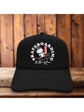 Peanuts Japanese Snoopy Skateboarding Mens Trucker Hat Black Snapback